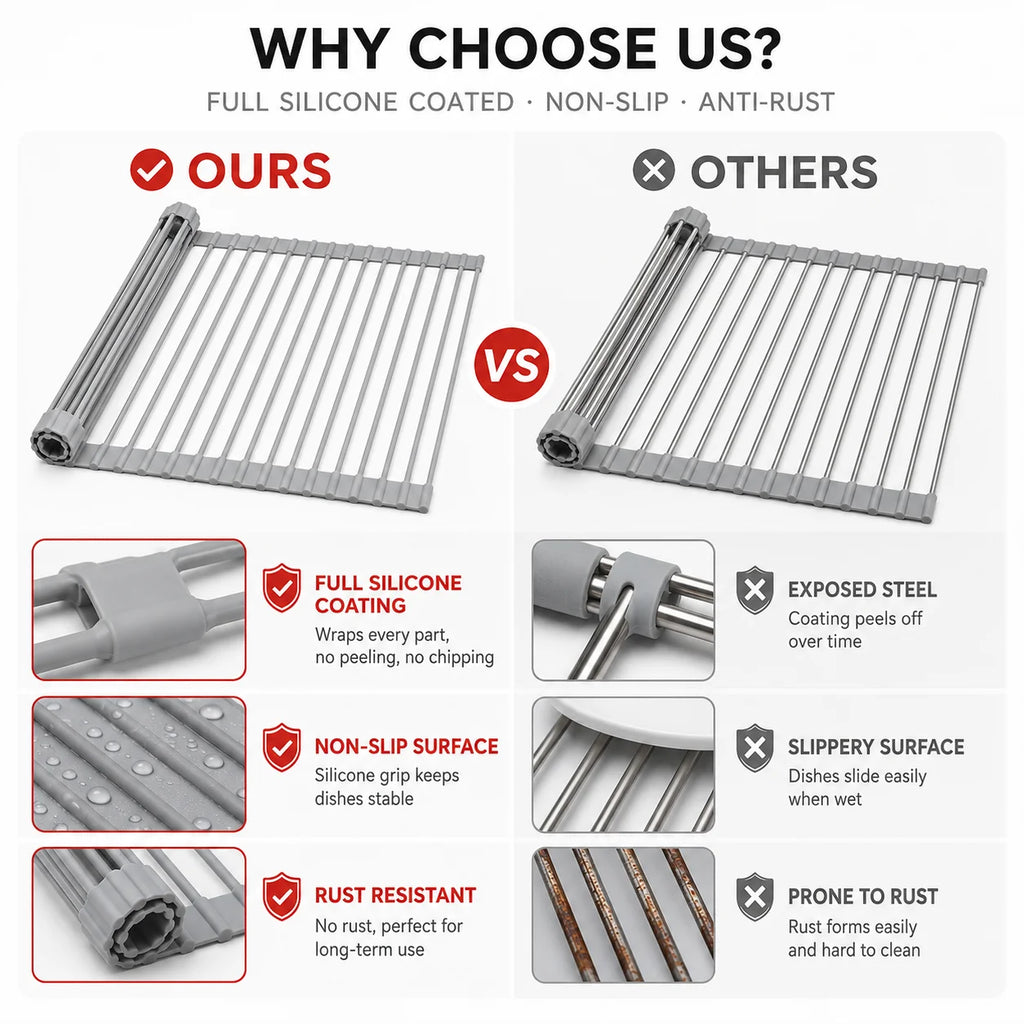 Roll-up dish drying rack detail with gray slatted surface and silicone non-slip grip