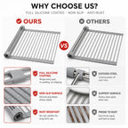 Roll-up dish drying rack detail with gray slatted surface and silicone non-slip grip