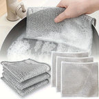 Set of grey non-scratch wire scrubbing cloths with folded pads and an extra square