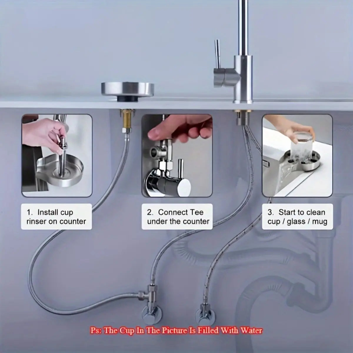Stainless steel cup rinser setup showing counter installation and connected rinse hose