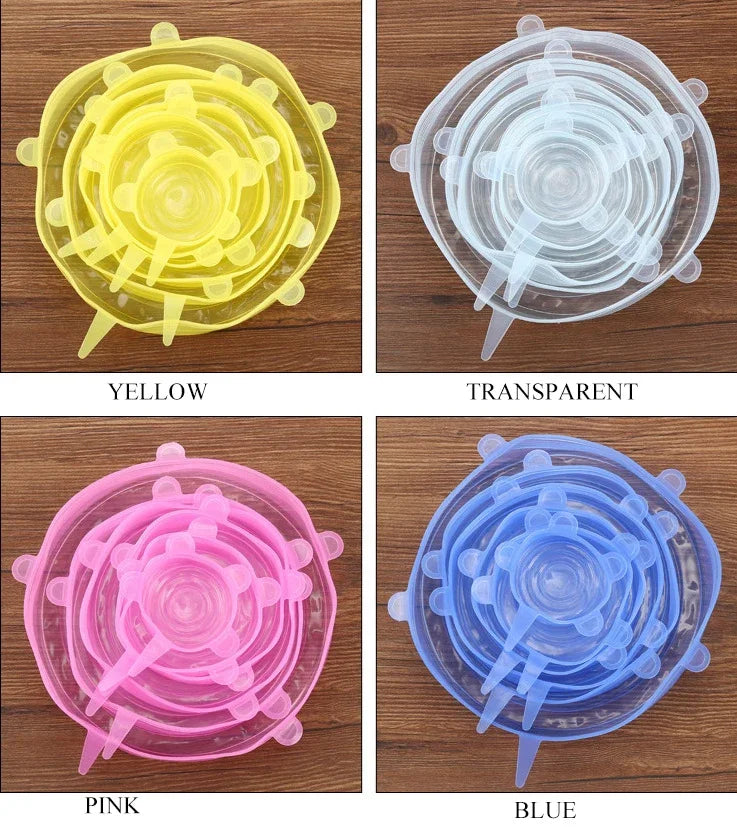 Color silicone stretch lids set: yellow, transparent, pink, and blue, with tabs