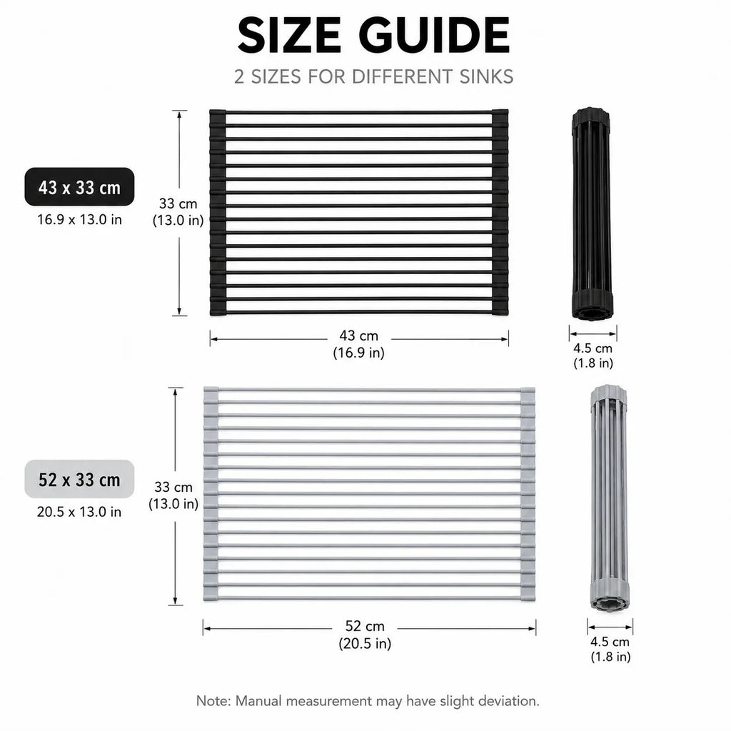 Roll-up dish drying rack size guide with two sizes and rolled silicone rack ends