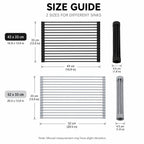 Roll-up dish drying rack size guide with two sizes and rolled silicone rack ends