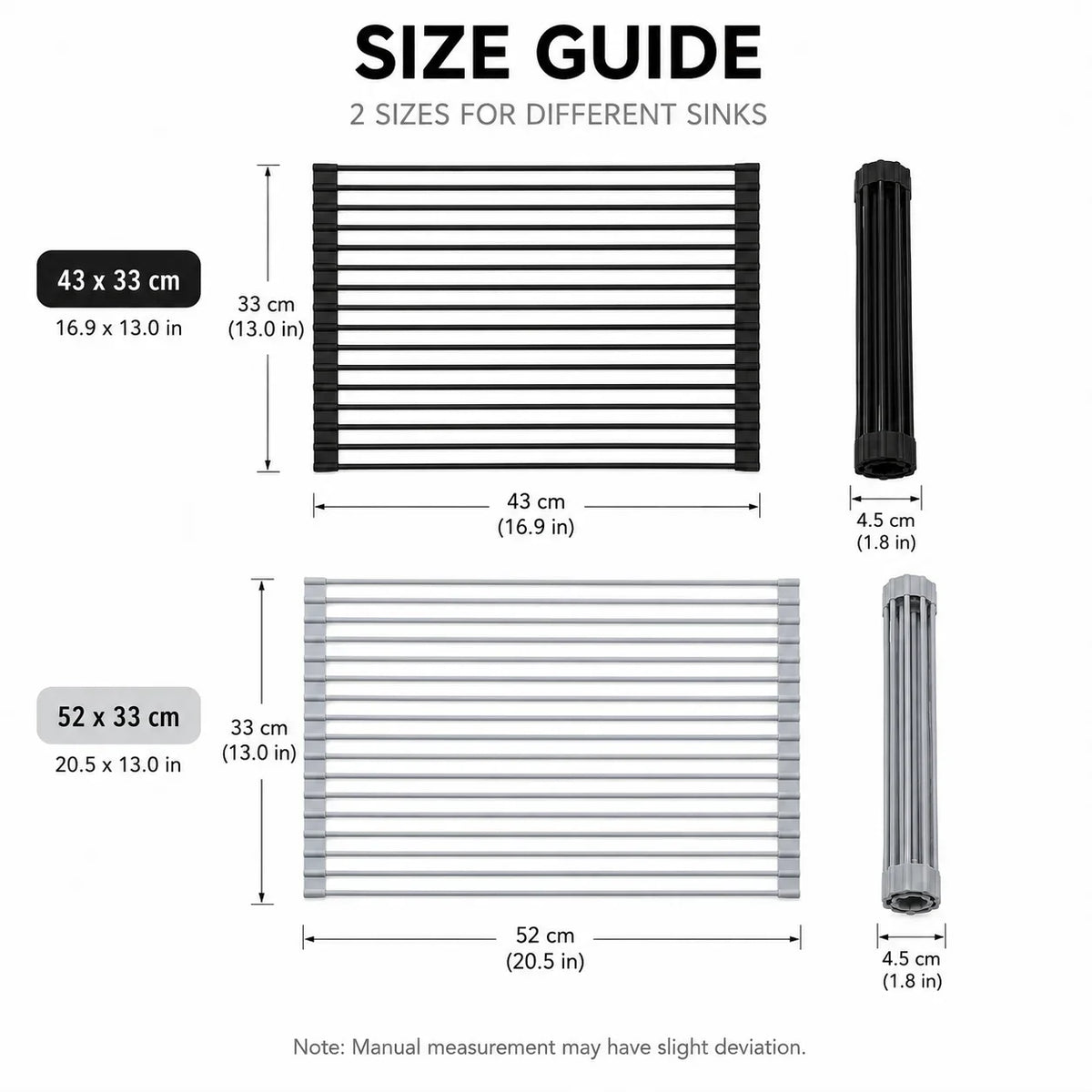 Roll-up dish drying rack size guide with two sizes and rolled silicone rack ends