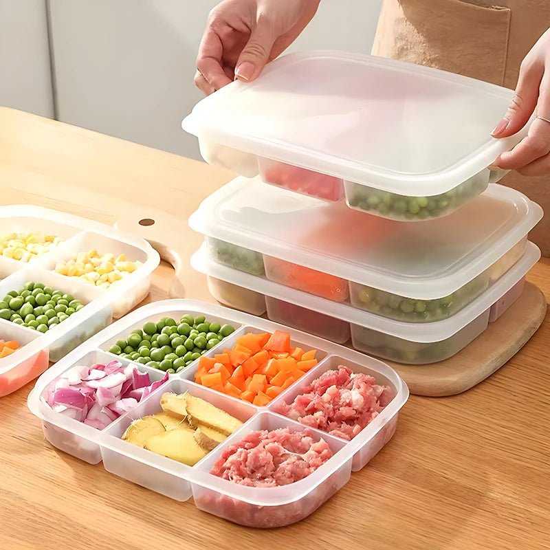Clear multi-compartment refrigerator food storage box with lid, stacked and shown with divided trays