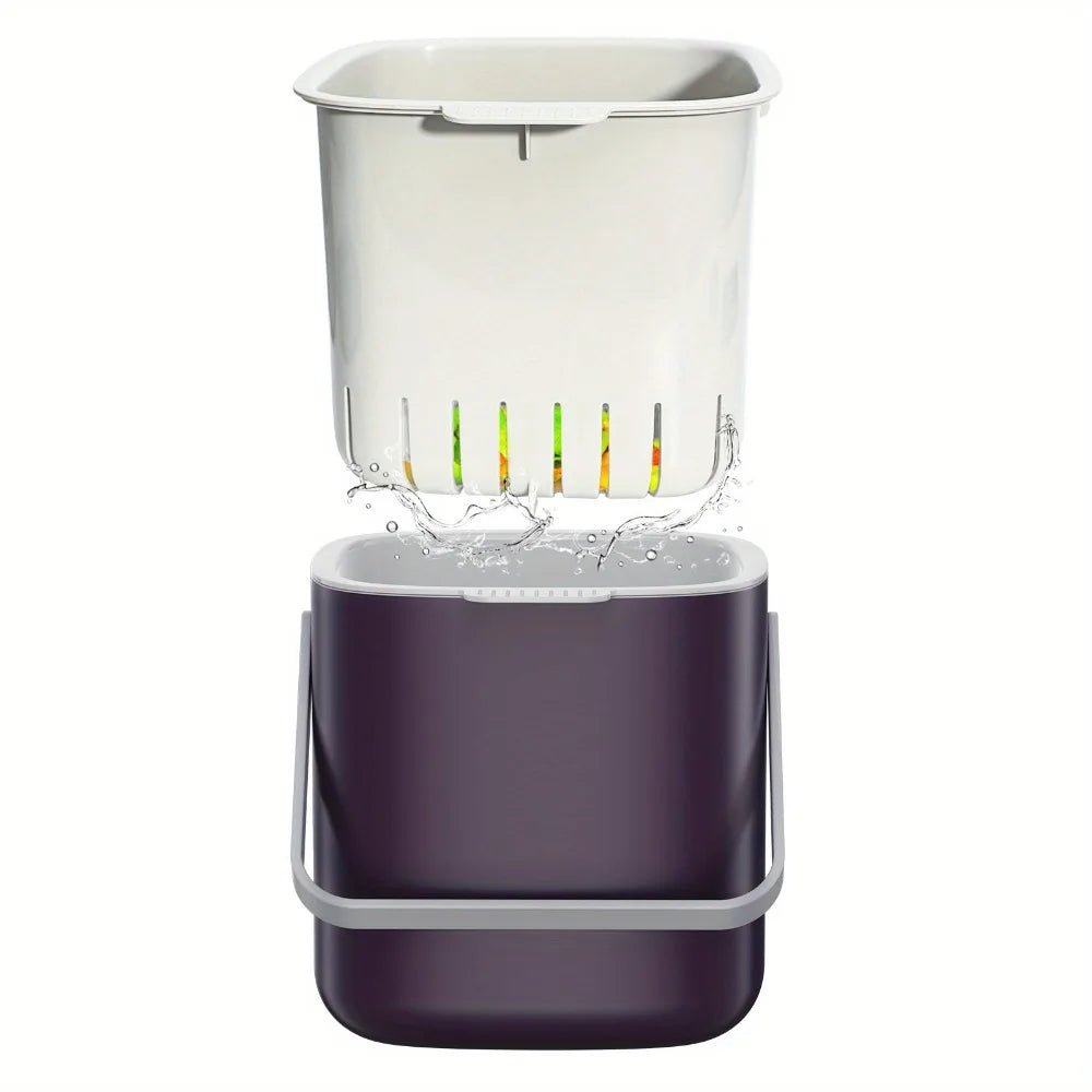 Stacked countertop food waste bin with white inner container and dark purple base