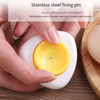 Egg hole puncher tool with a metal needle centered on an egg yolk