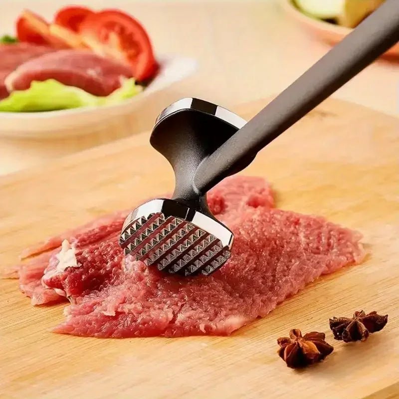 Dual-sided meat tenderizer mallet with black handle and ribbed metal heads