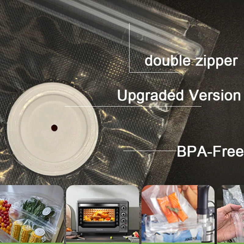 Vacuum sealer bags with round valve and double zipper seal for BPA-free storage