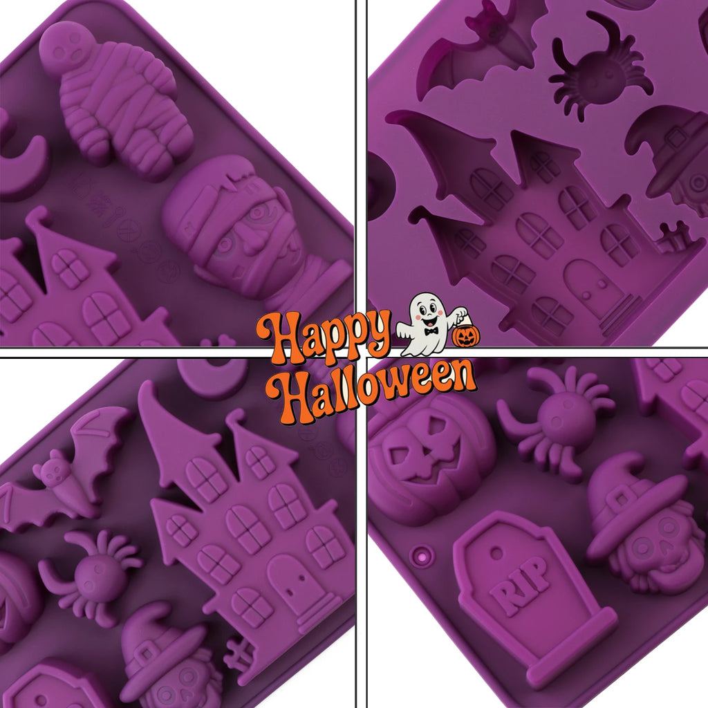 Purple Halloween silicone candy mold close-up with spider, haunted house, bat, and RIP tombstone