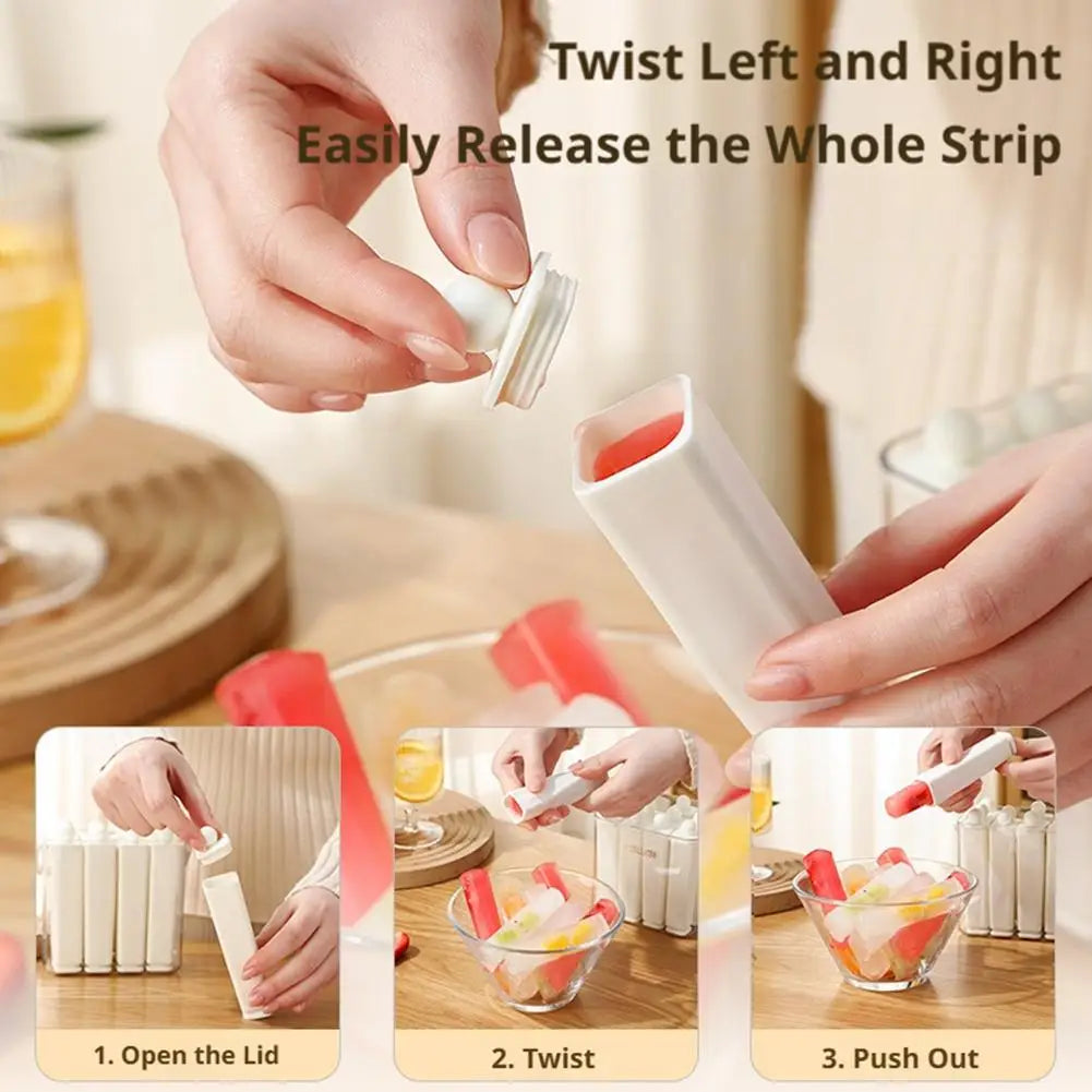 Silicone ice stick mold strip shown being twisted and released from the tray