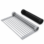 Roll-up over-sink dish drying racks in gray and black with silicone-coated bars