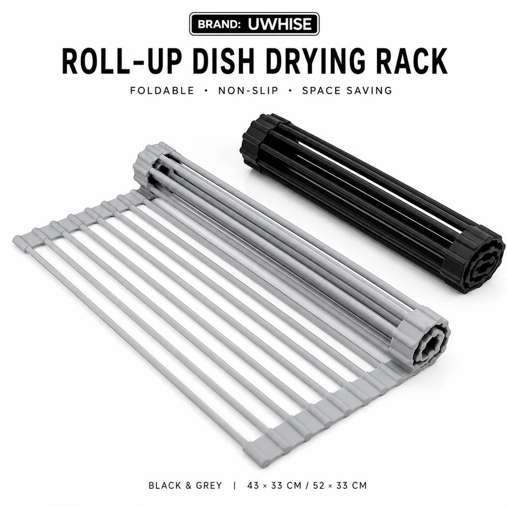 Roll-up dish drying rack, silicone-coated slats in black and gray, folded for storage