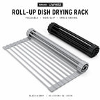 Roll-up dish drying rack, silicone-coated slats in black and gray, folded for storage