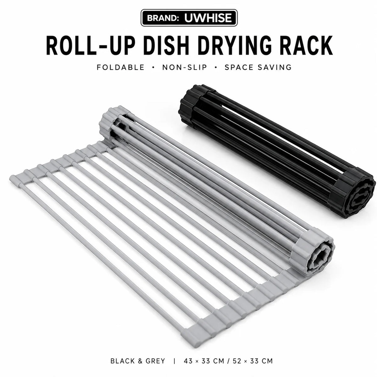 Roll-up dish drying rack, silicone-coated slats in black and gray, folded for storage