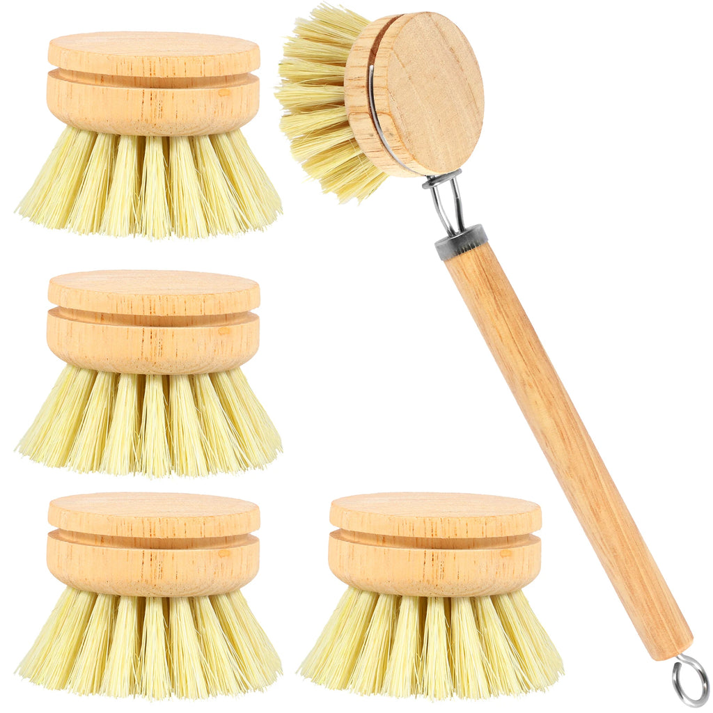 Bamboo dish scrub brushes with replaceable round heads and natural bristle tufts