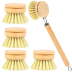 Bamboo dish scrub brushes with replaceable round heads and natural bristle tufts