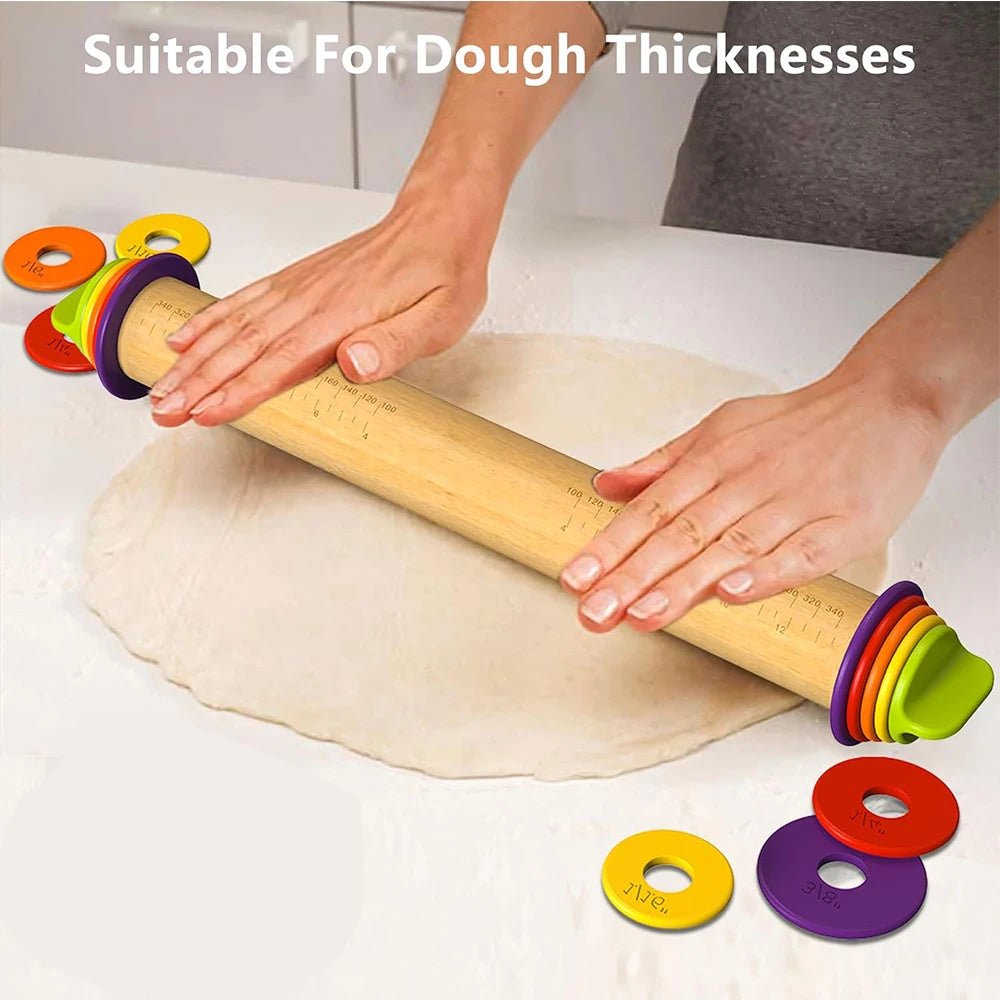 Adjustable beech wood rolling pin with colorful thickness rings, held by hands