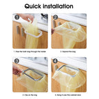 Over-cabinet trash bag holder showing bag being clipped onto the ring