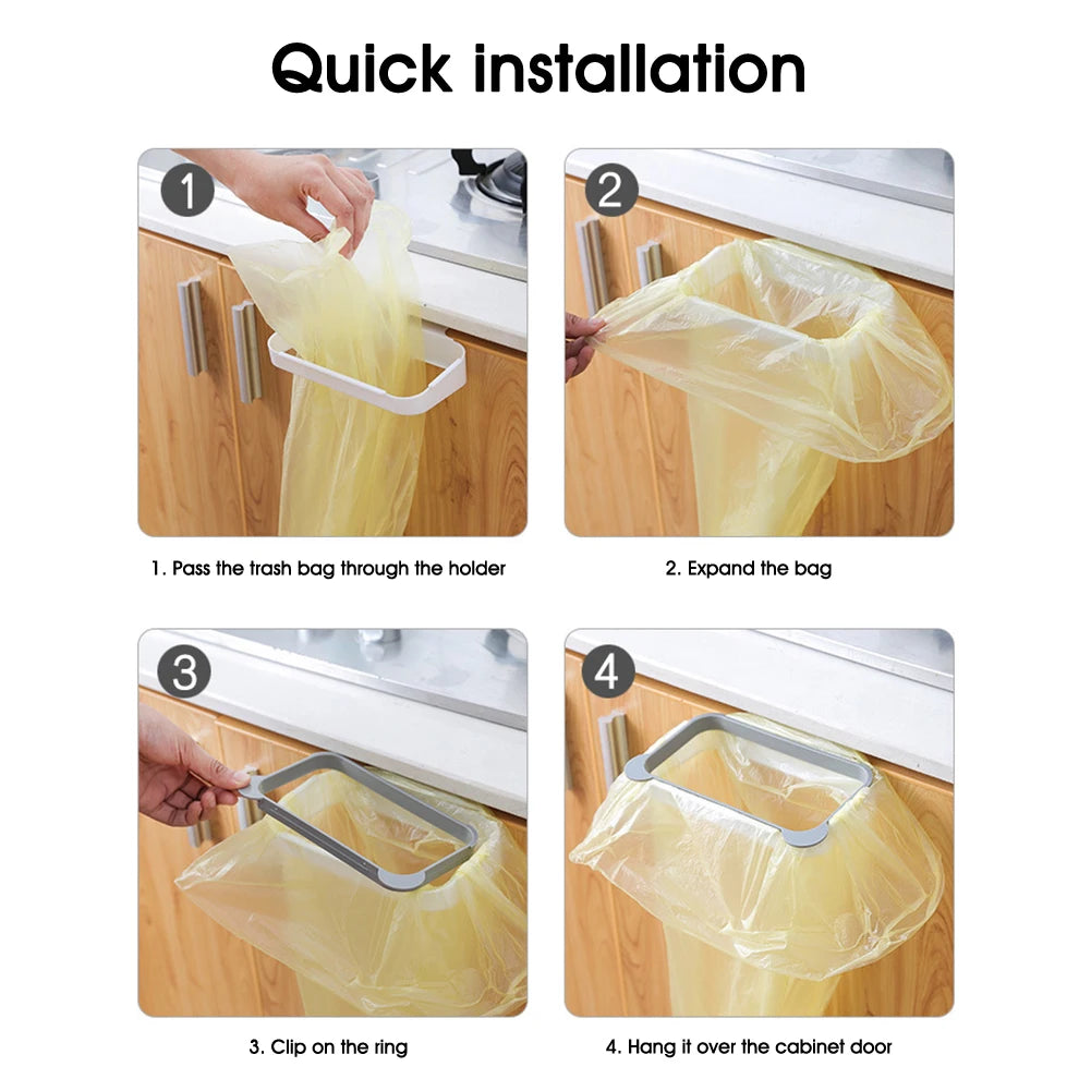 Over-cabinet trash bag holder showing bag being clipped onto the ring