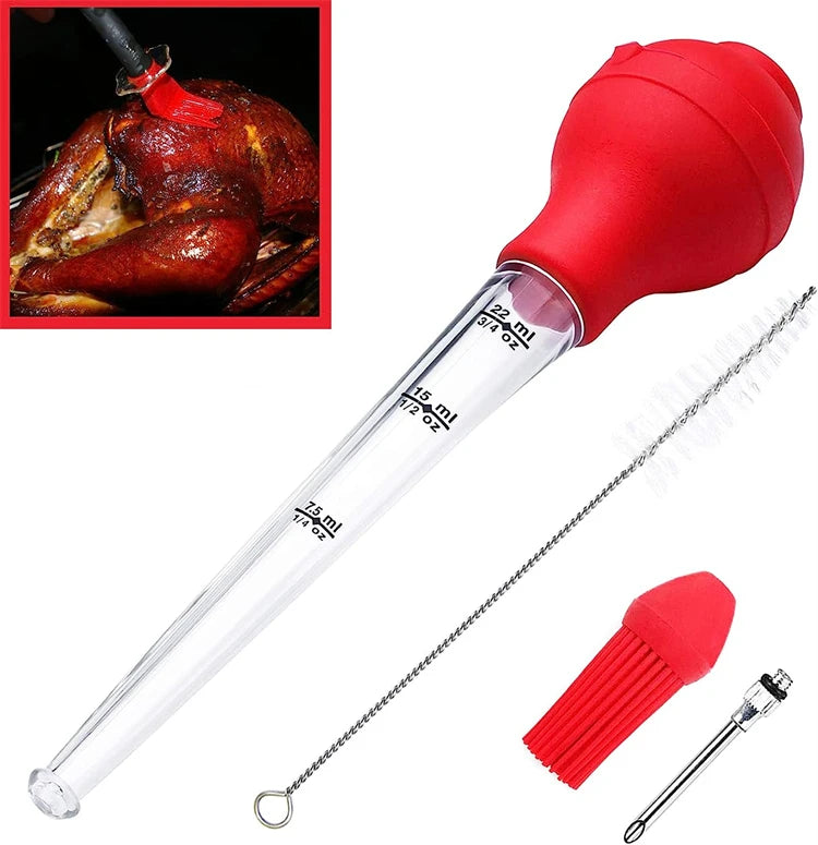Red marinade injector with silicone bulb head, chain needle, and ribbed basting brush