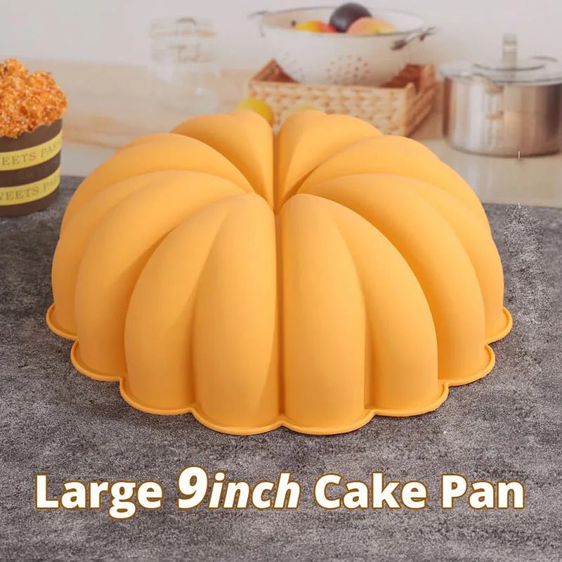 9-inch pumpkin silicone cake pan mold, orange-yellow, ridged shell shape