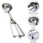 Stainless steel ice cream scoop with reinforced spring, scraper, and thick gear
