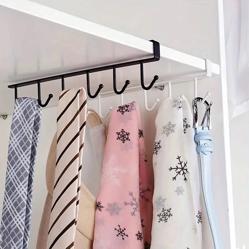 Under-cabinet 6-hook mug hanger holding dish towels and items on black hooks