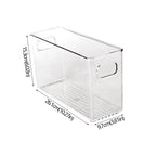 Clear pantry organizer bin with built-in handle openings; size diagram (10.97 x 9.7 x 15.5 cm)