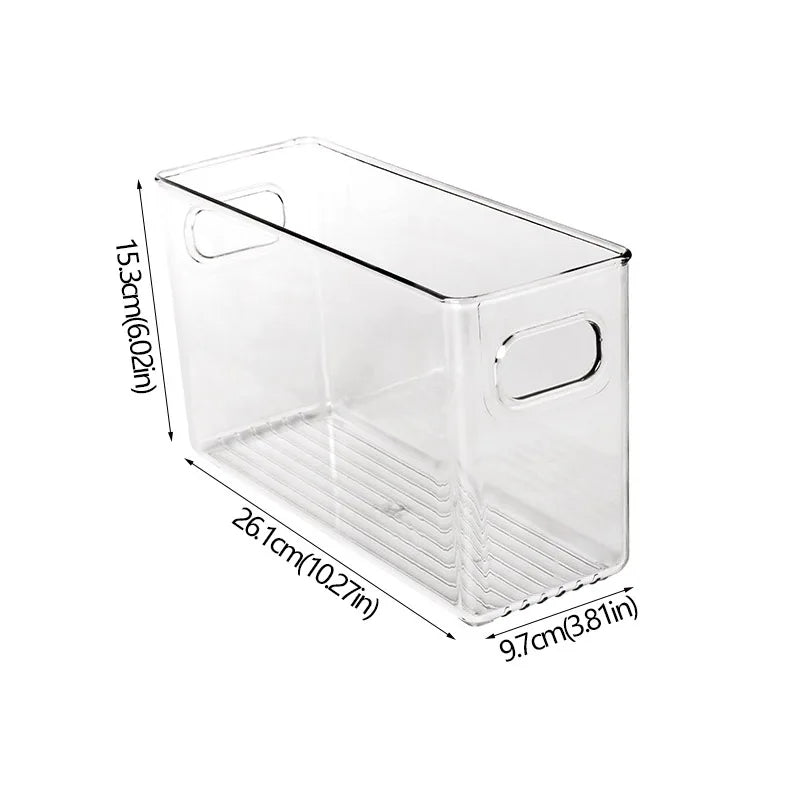 Clear pantry organizer bin with built-in handle openings; size diagram (10.97 x 9.7 x 15.5 cm)