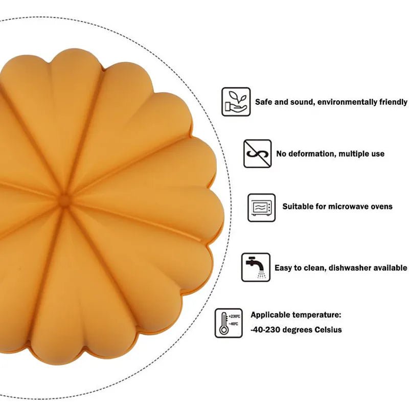 Pumpkin-shaped silicone cake pan with ridged flower-like mold, 9-inch