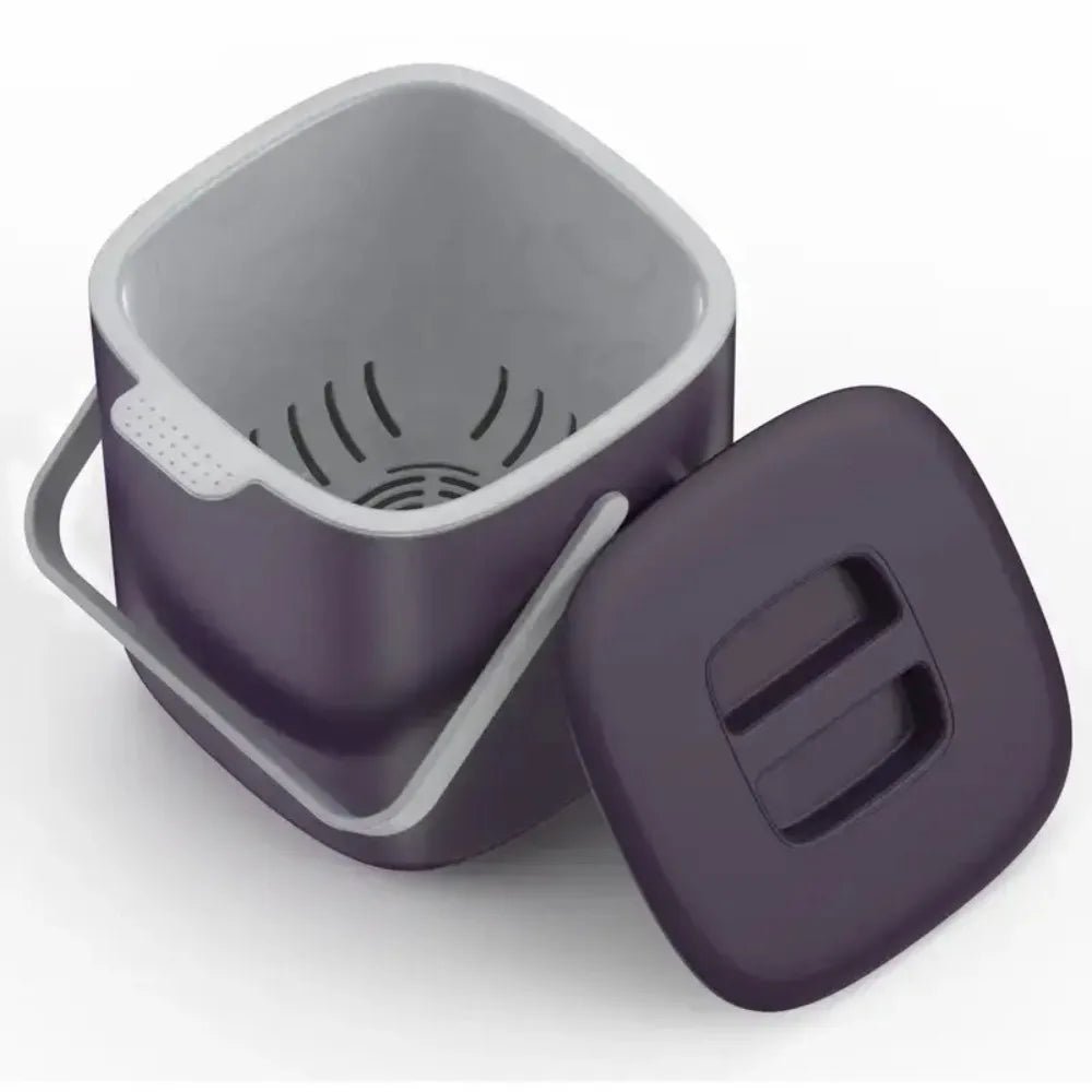 Dark purple countertop compost bin with latching lid and vented inner tray