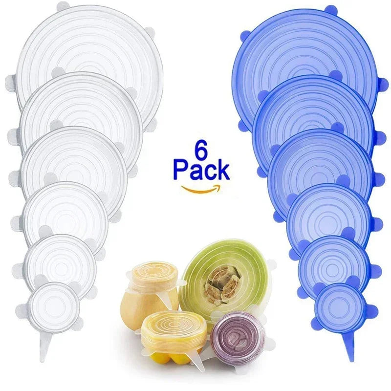 6-pack silicone stretch lids set with blue and clear flexible food covers