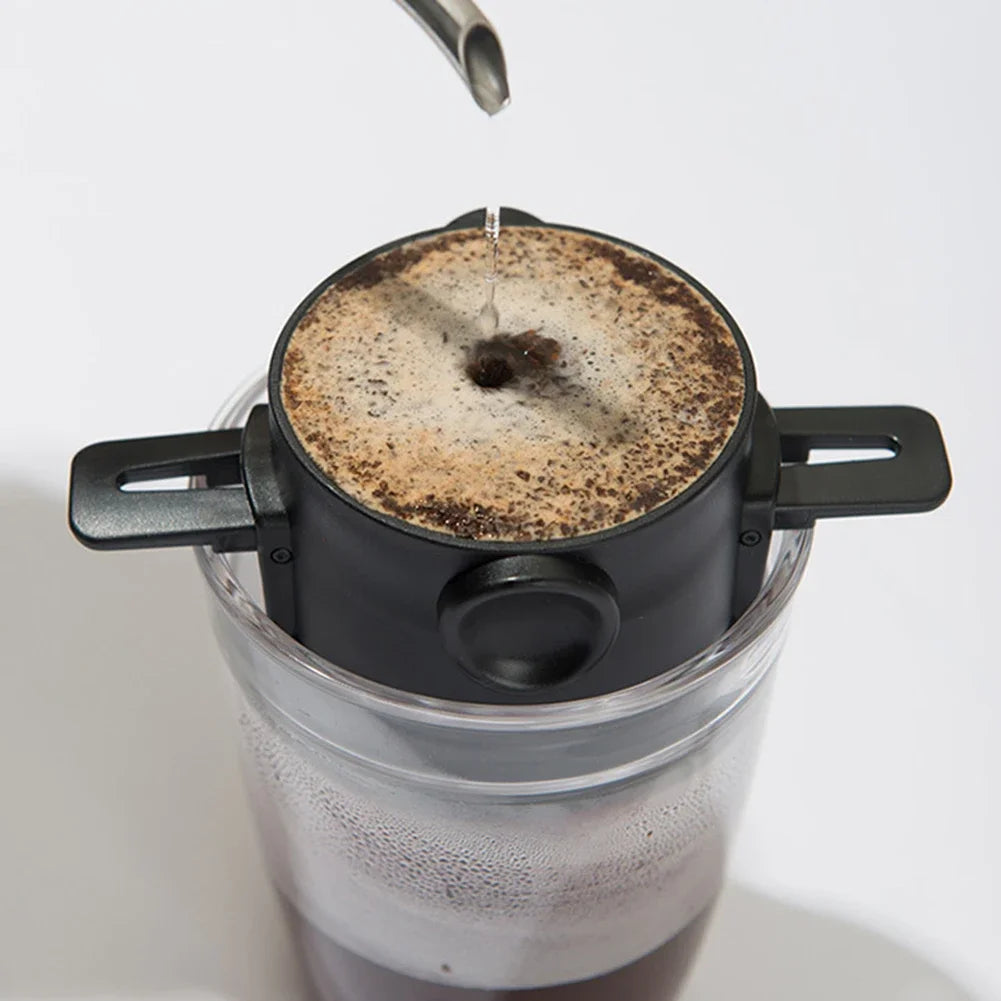 Black foldable pour-over coffee dripper with dual-layer stainless mesh