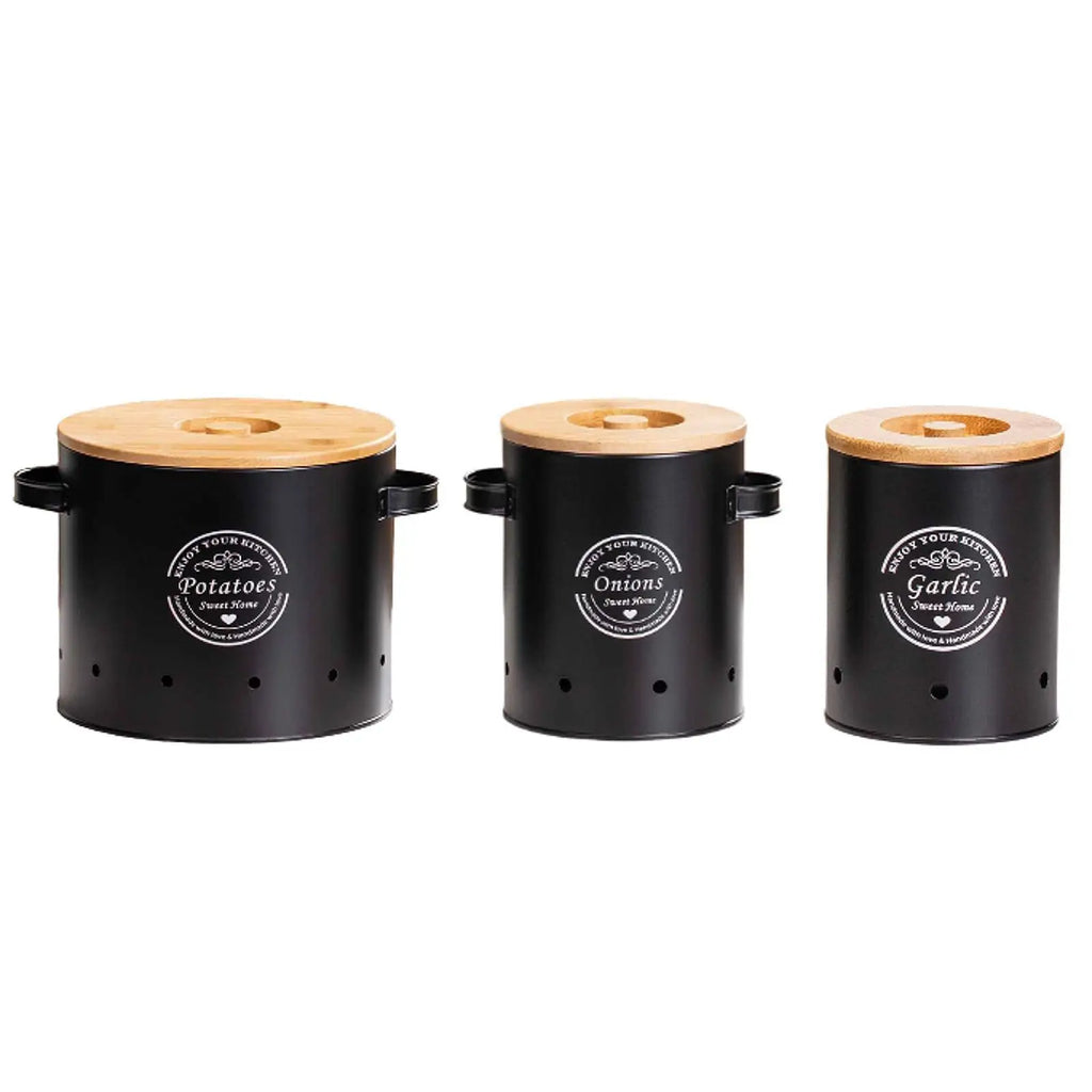 Vented black vegetable storage canisters with bamboo lids: potatoes, onions, garlic