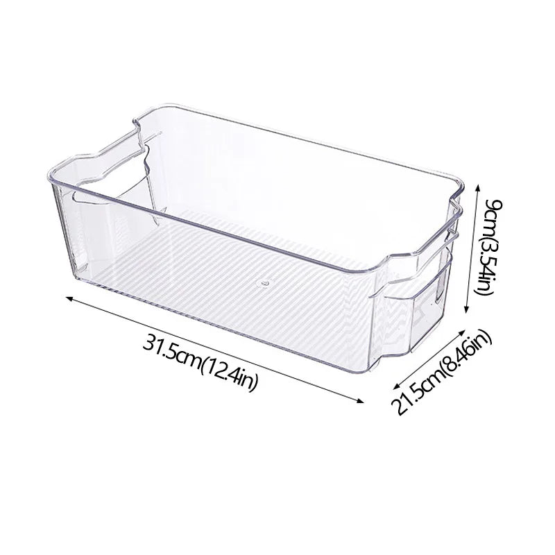 Clear plastic refrigerator organizer bin with built-in side handles, long and deep.