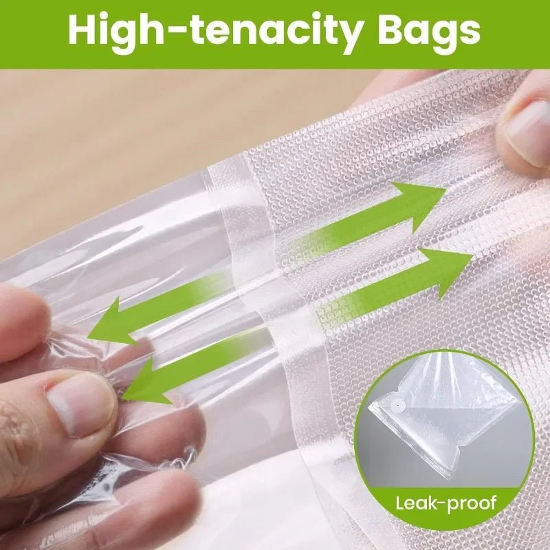 Reusable vacuum sealer bag material with reinforced texture; leak-proof seal design