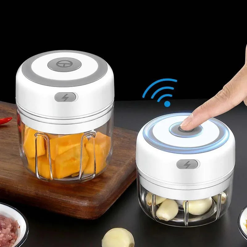 Electric mini chopper, white base with clear bowl and stainless blades, garlic inside.