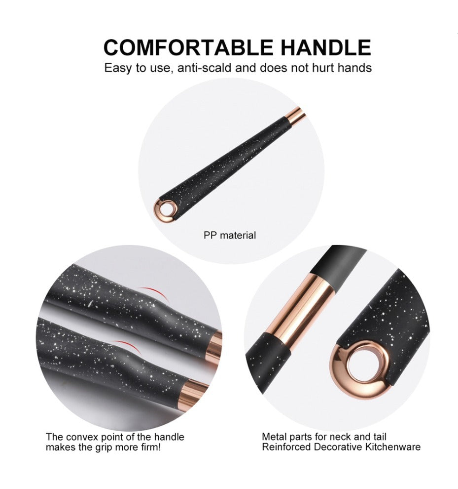 Black silicone cooking utensil handle with rose-gold ring detail for anti-scald grip