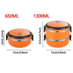 Orange bento lunch box dimensions shown: 650ml and 1300ml capacity