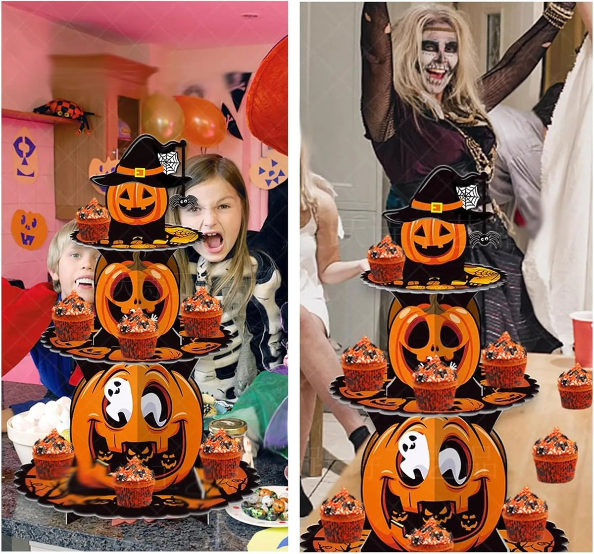 Halloween 3-tier cardboard cupcake stand with witch hat pumpkin faces at a party table