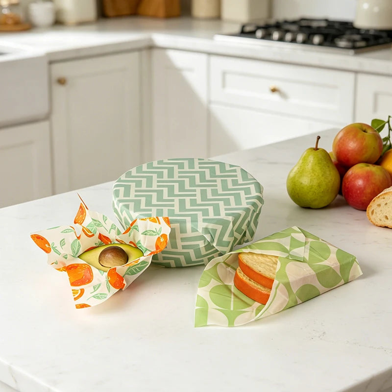 Reusable beeswax food wraps on countertop: teal zigzag, green circles, and fruit prints