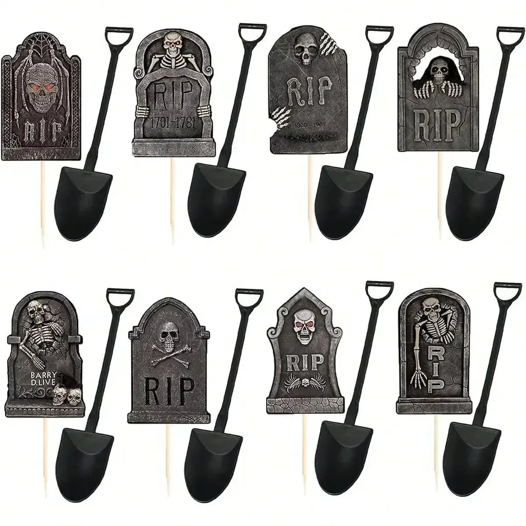 Black tombstone graveyard cupcake toppers with shovel picks on sticks, assorted faces