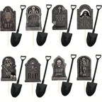 Black tombstone graveyard cupcake toppers with shovel picks on sticks, assorted faces