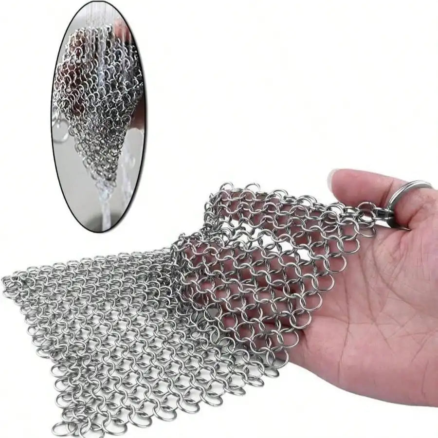 Metal chainmail scrubber with 316 stainless mesh and loop handle, for pan seasoning-safe cleaning