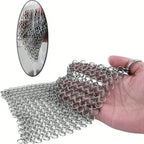 Metal chainmail scrubber with 316 stainless mesh and loop handle, for pan seasoning-safe cleaning