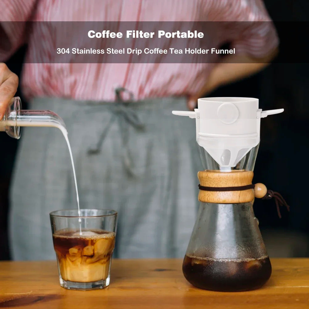 Portable pour-over coffee dripper with white funnel and stainless mesh filter