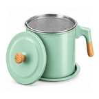 Mint green stainless steel grease container with removable fine mesh strainer and lid