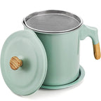 Light green grease container with fine mesh strainer and lid, wood-style handle