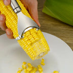 Corn peeler tool slicing kernels from cob; serrated curved blade